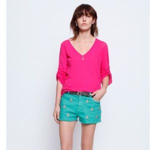 Zadig Voltaire Rilby Pink Roll up Sleeve V Neck